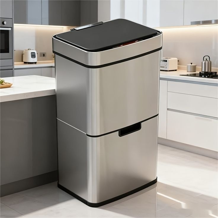 poubelle intelligente en acier inoxydable gris 72l, séparation de 3 + 1 compartiment, séparation des